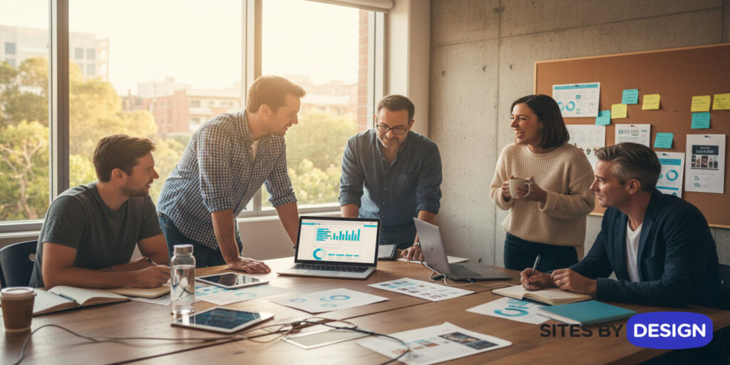 A collaborative full service digital marketing agency team discussing strategy around a meeting table, with laptops showing analytics dashboards and the Sites By Design logo in view.