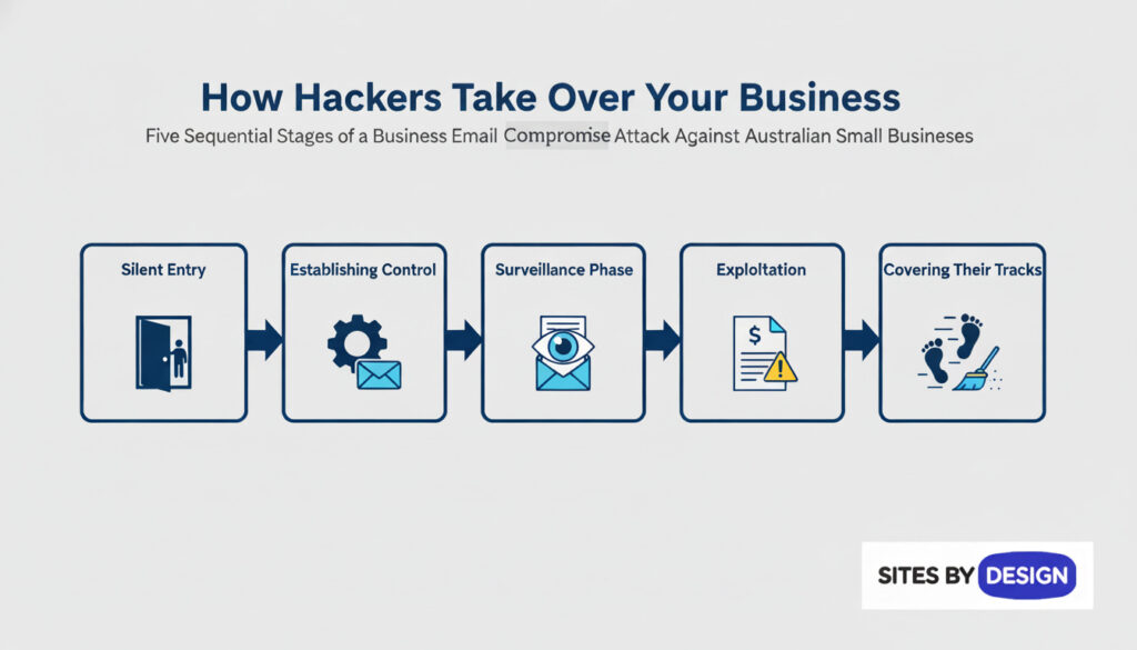 Infographic showing the five stages of how hackers take over an Australian small business: silent entry, establishing control, surveillance phase, exploitation, and covering their tracks.