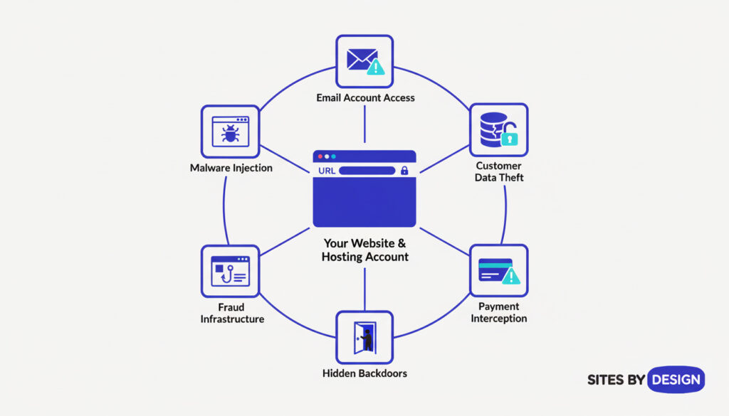 Infographic showing a website at the center of six cyber threats—email access, customer data theft, payment interception, hidden backdoors, fraud infrastructure, and malware injection—illustrating how a compromised website becomes a goldmine for international criminals.