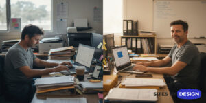 Busy Australian small business office comparison showing one team using AI tools working efficiently while another team without AI appears overwhelmed by admin tasks.