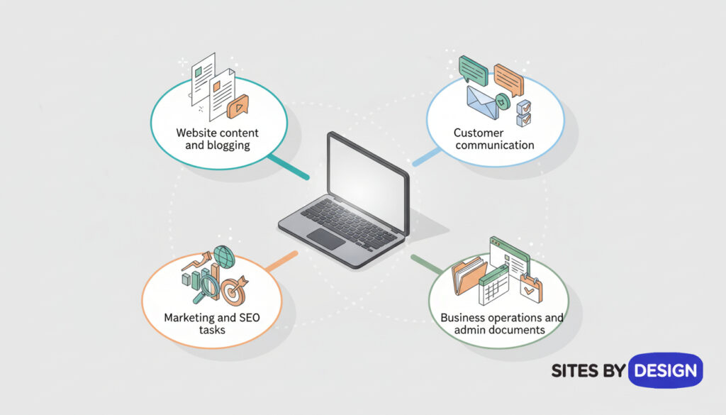 AI in small business: Illustration showing how AI supports small business workflows including website content, customer communication, marketing, and business operations