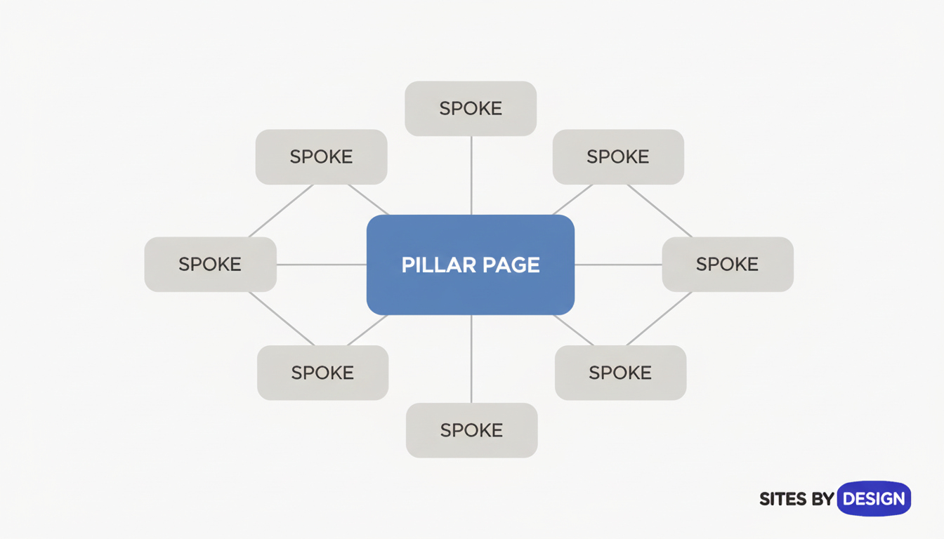 Flat vector diagram showing an SEO topic cluster with a central pillar page connected to multiple supporting articles to help with AI SEO