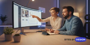 Two web designers collaborating at a modern digital workspace with AI-assisted interface elements floating on the screen, representing the future of web design powered by human creativity and artificial intelligence.