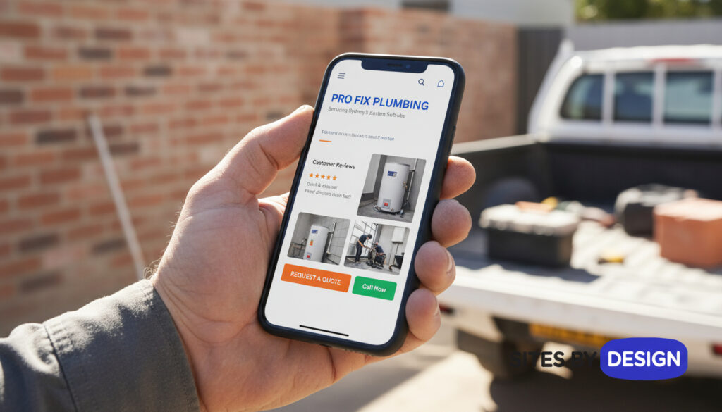 A tradie viewing their mobile-friendly website built by a web design agency for tradies in Sydney, showing clear services, suburb details and clear call buttons highlighting the importance of working with the best web design agency for tradies in Sydney.
