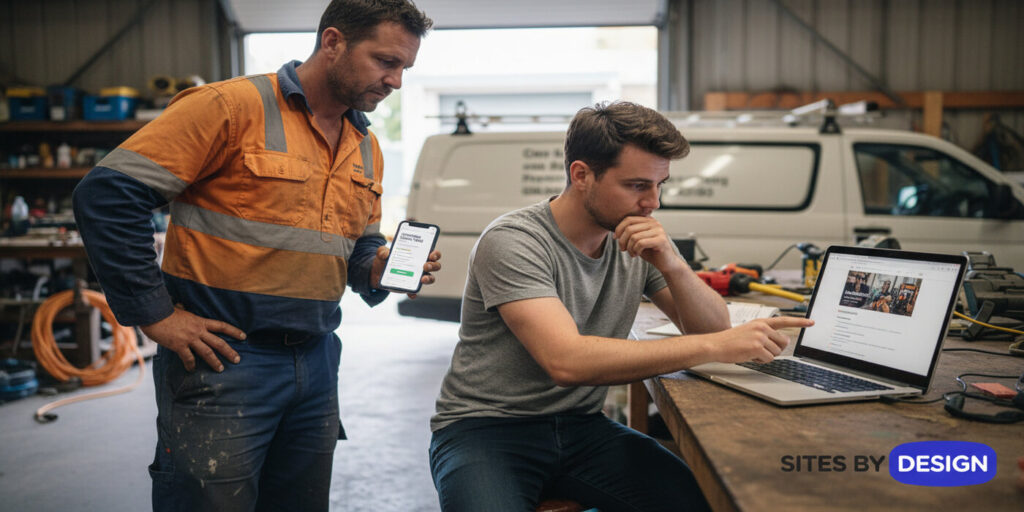 Sydney tradie reviewing a service website with a web design professional, discussing how to improve enquiries and calls.